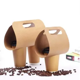 Disposable Kraft Paper Cup Base Holder with Handle Eco Friendly Coffee Milk Tea Cups Tray Takeaway Drink Packaging