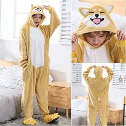 Akita Dog Kigurumis Kobiety Dziewczyna Onesie Cute Animal Pajamas Shiba Inu Ogólna zima Ciepłe Miękkie Flanel Garnitur Home Nosić Unisex 211109