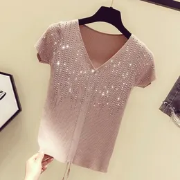 Diamond Hot Drill Ice Silk Knitwear Women Slim V-neck T-shirt 2020 Summer Casual Sexy Short Sleeve Top C0304