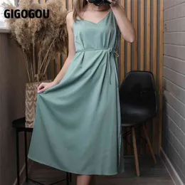GIGOGOU夏の女性スパゲッティストラップドレスソリッドカラーMIDI調節可能なノースリーブ韓国のシックES Vestido 210623