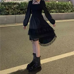 Gothic Women Black Fairy Party Dress Cross Square Collar Lolita Princess Nieregularne Cute Kawaii Koronki Ruffles Chic 210623