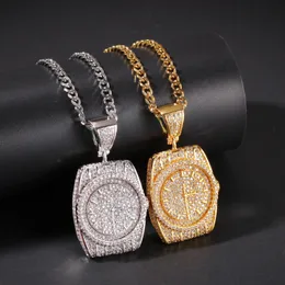 18K Gold Cuban Link Chain Micro Pave Zirconia Watch Dial Pendant Necklace