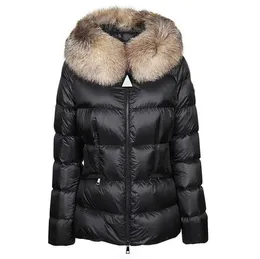 Jaqueta feminina de náilon curta com fecho de zíper cinto bolsos grosso casaco quente Itália designer mulher pele capuz inverno outwear