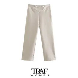 TRAF Za женские модные прямые брюки с пуговицами винтажные женские брюки с высокой талией и боковой молнией Mujer Q0801