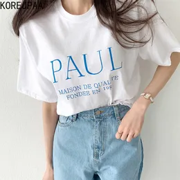 Korejpaa 여성 티셔츠 여름 한국어 세련된 모든 경기 기본 라운드 넥 레터 인쇄 느슨한 캐주얼 반팔 풀오버 210526