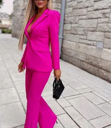 Women's Two Piece Pants Fuchsia Women Pantsuits Autumn Blazer+ Wide Zipper Long Officer Lady Trousers Suits