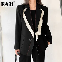 [EAM] Женщины черный контрастный цвет Burr Blazer отворота с длинным рукавом свободный подходящий пиджак мода весна осень 1W519 211019