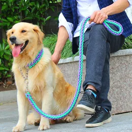 Double Strand Rope Large Dog Leashes Metall P Kedja Spänne Kontrast Färgrik Pet Traction Rope Collar Set Firm 1,2m Längd