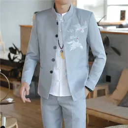 2 st set suit jacket byxor / 2021 mode män casual boutique kinesisk stil linne stativ krage klänning blazers jacka byxor x0909