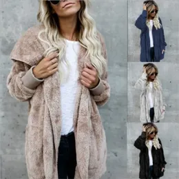 S-5XL Faux Kürk Teddy Bear Coat Ceket Kadın Moda Açık Dikiş Kış Kapüşonlu Ceket Kadın Uzun Kollu Fuzzy Ceket