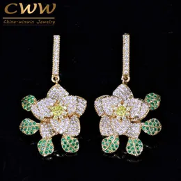 Gold Color Green Cubic Zirconia Stones Luxury Micro Pave Flower Dangle Drop Earrings Fashion Brand Prom Jewelry CZ278 210714