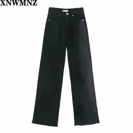 Xnwmnz za mulheres moda hi-rise largura lengar lenço de calça jeans vintage desbotado desbotado hems sem costura zíper zíper botão denim fêmea 210922