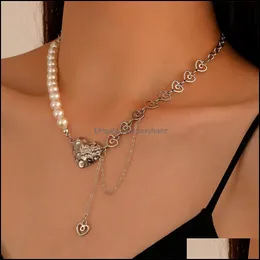 Hänge halsband hängsmycken smycken s2646 mode metall skarvning faux pärlor älskar klavikelkedja halsband irregar ihålig hjärta dingle tasse