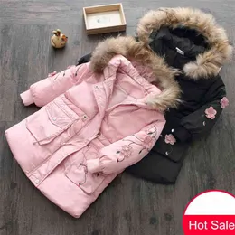 Winter 3-9 10 11 12 Years Teenager Thickening Faux Fur Floral Print Hooded Coat Medium Long Down Jacket For Kids Baby Girls 210625