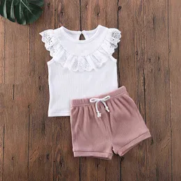 2021 nuevo conjunto de niñas traje de verano de encaje sin mangas Top + Short 2 uds ropa para niños ropa para niñas traje para niñas X0902