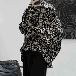 Män Vitnage Tryckkjorta 2021Spring New Fashion Loose Långärmad tröja Koreanska Streetwear Hip Hop Kläder Casual Men's Trend G1229