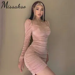 Missakso Bodycon Dantelli Elbise Kadınlar Seksi İlkbahar Sonbahar Katı Kare Boyun Uzun Kollu Moda Bayanlar Mini Elbiseler Parti Kulübü 210625