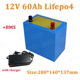 GTK 12V 60Ah Lifepo4 lithium battery pack with 60A BMS for Street Lights camping backup power boating machine +5A charger