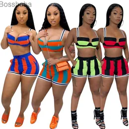 Summer Women Dressuits Bez rękawów Sling Kamizelka + Szorty Multicolor Paski Dwuczęściowe Zestawy Yoga Stroje Siłownia Odzież Plus Size Sportwear