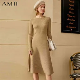 Minimalismo Autunno Inverno Abiti per le donne Moda Causale Solid Oneck Slim Flim Abito maglione al ginocchio 12040515 210527