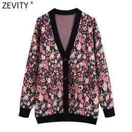 Zevity Women Vintage V Neck Floral Print Jacquard Knitting Cardigans Sweater Female Chic Single Breasted Casual Coat Tops SW899 210922