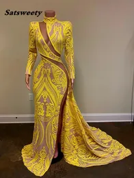 Manga longa sexy vestidos de baile 2021 alto pescoço lado slit amarelo lantejoula africano preto meninas sereia vestidos de festa noturna