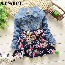 Gemtot barnklänning 2019 Vår och höst Nya tjejer Denim Floral Mosaic Klänning Långärmad Princess Dress Q0716