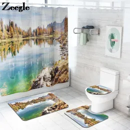 Zeegle set tappetino da bagno e tenda da doccia set di tappetini da bagno paesaggistici set di tappetini da bagno coprisedile per WC in microfibra