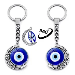 Turkiska Evil Eye Keychain Charms 360 Degree Rotation Moon Pendant Metal Key Ring Evil Eyes Crystal Nyckelkedjor för kvinnor Present G1019