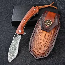 Flipper Folding Knife VG10 Damascus Steel Blade Rosewood + Stainless Steels Handle EDC Pocket Knives With Leather Sheath