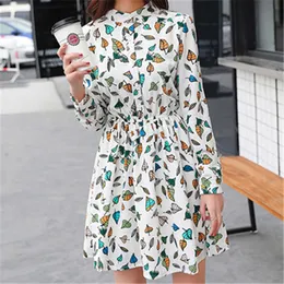 Original Brand New Spring Vintage Elastic Waist Dresses Chiffon O-Neck Long-Sleeved Floral Drfemale Vestidos X0529