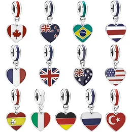 Memnon Jewelry 925 Sterling Silver Hearts Charms Heart-shaped Flag pendant Charm Beads Fit Bracelets Necklaces DIY For Women