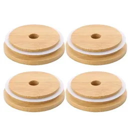 Friendly Mason Lids Reusable Bamboo Caps Tops with Straw Hole and Silicone Seal for Masons Canning Drinking Jars Top SN5761