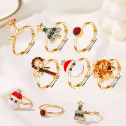 Jul 6st Set Ringar För Kvinnor Tjejer Söt Tecknad Santa Claus Elk Tree Rhinestone Crystal Ring Justerbar Ring Smycken Gift G1125