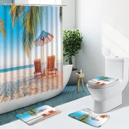 Shower Curtains Beach Seascape Curtain Tropical Plants Natural Landscape Bridge Non-Slip Flannel Rugs Toilet Cover Bathroom Set Bath Mat