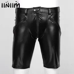 iiniim Mens Male Sexy Leather Club Moto Shorts Full Zipper Pouch Jockstraps Fashion Shorts Night Party Clubwear Costumes X0628
