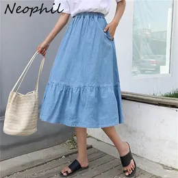 NEOPHIL Preppy Style Women Denim Mid-Calf Röcke Hohe Taille Plus Größe Faldas Larga Frauen Button Jean School Rock S1731 210310