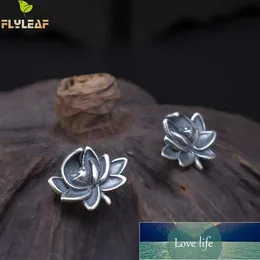 FlyLeaf Lotus Flower Smycken Real 925 Sterling Silver Kinesisk stil Vintage Stud Örhängen för Kvinnor Earringar Fina smycken