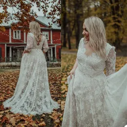 Plus Storlek Full Lace Country Bröllopsklänningar 2021 3/4 Långärmad V-Neck Brudklänningar Öppna Back Bride Formella Rustika Bröllopklänningar Vestidos