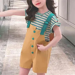 Clothing Sets Korean Style Striped Short-Sleeved Top+Short Overalls 2Pcs For Girls Kids Clothes 210528