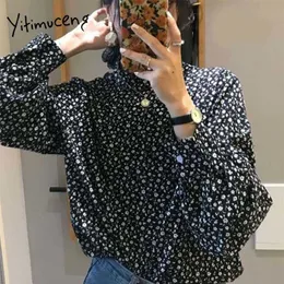 Yitimuceng Vintage Floral Print Blouse Women Button Up Straight Shirts Black Turtleneck Clothes Spring Korean Fashion Tops 210601