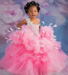 2022 Luksusowe Różowe Koronki Kryształy Kwiat Girl Sukienki Tiers Balowa Suknia Tulle Lilttle Kids Urodziny Pageant Weddding Suknie Zj512