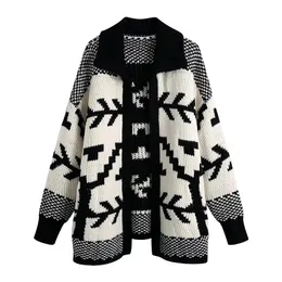 New Fashion Contrast Retro Jacquard Sweater Spring Women Loose Lapel Long Sleeve Knitting Cardigan Coat Tide 16R1105