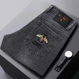 Fashion Spring Mens Slim Elastic Jeans Bee Embroidery Business Denim Pants Classic Style