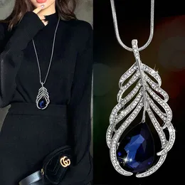 Kvinnor långt halsband boho silver blad blå kristall uttalande halsband pendlar kvinnlig collier femme mode smycken