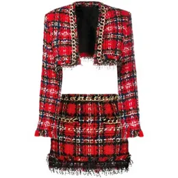 Spring Women's Tweed Plaid Set Sexig Långärmad Metallkedja Fringed Sequined Short Coat And Mini Skirt 2 Two-Party Suit 210527