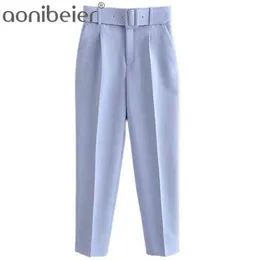 Aonibur Za Femme Pantalons Ol Style Kobiety Blazer Spodnie Zestawy Office Lady Suit Spodnie Długość kostki Kariera z pasem 211124