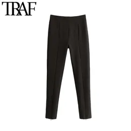 TRAF Women Vintage Stylish Office Wear High Waist Skinny Pants Fashion Side Zipper Female Ankle Trousers Pantalones Mujer 201118