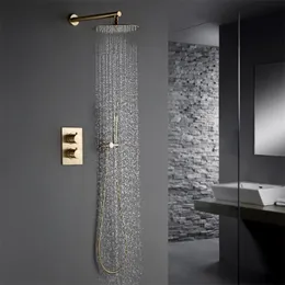 ソリッドな真鍮の浴室の蛇口のブラシをかけられたゴールドシャワーキットのDiverterのサーモスタット対照混合バルブ雨Shwoerセット8-12インチ