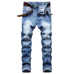 3 Styles Men Stretchy Ripped Biker Print Jeans Destroyed Hole Taped Slim Fit Denim Scratched High Quality Denim Pants